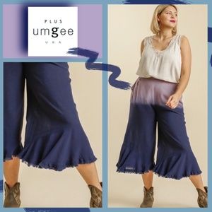 Umgee Dip Die Wide Leg Pant Ruffle Raw Hem Pockets